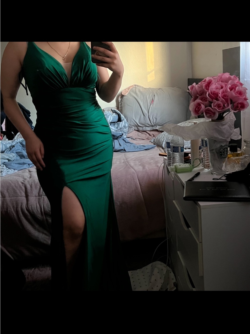 Vanity Emerald Green Ruched V-Neck Maxi Dress with Thigh Slit